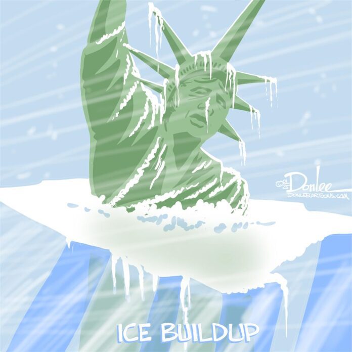 Statute of Liberty covered with ICE. "ICE BUILDUP."