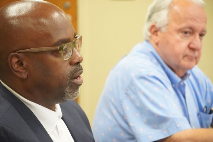 Toledo City Council Members John Hobbs II and George Sarantou address constituent concerns during town hall in Toledo on Thursday, July 9th, 2026. (Jaden Jefferson _ TFP Photo)